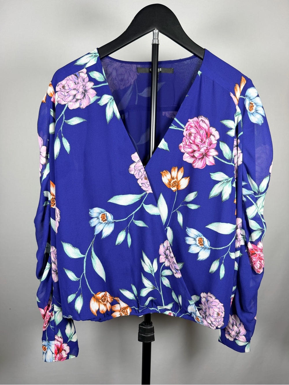 Guess Blue Floral Wrap-Style Blouse